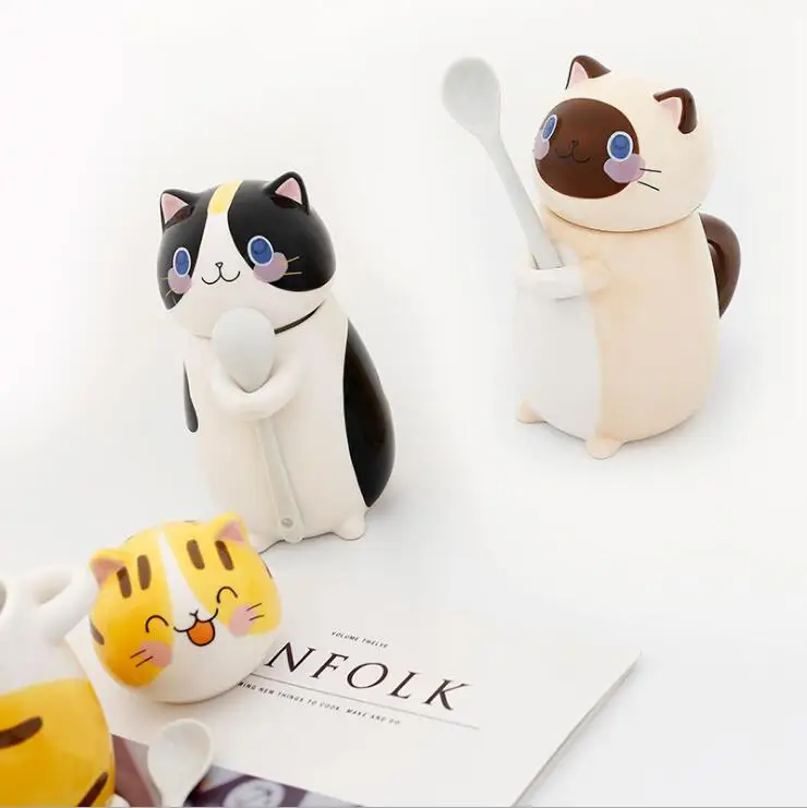 Cartoon Ceramic Mug Coffee Tea Mugs Cute Cat Cups Lovely Mug with Lid Bottle Drinkware Couples Cups
