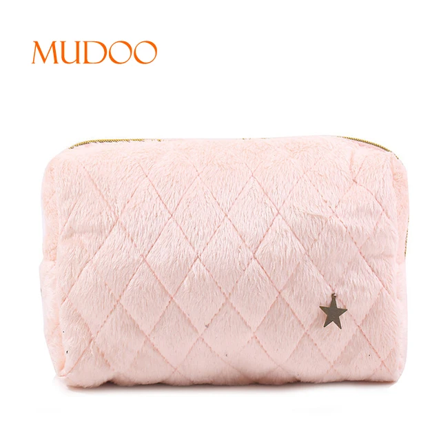 Hot sale pink fluff cosmetic bag with little star