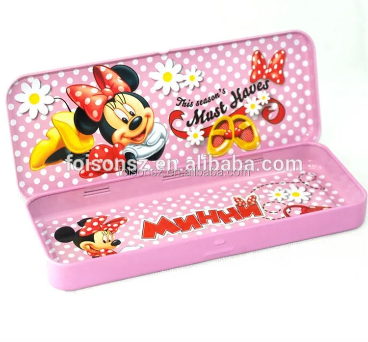 Cute Rectangle Metal Tin Pen Box Double Layer Tin Pencil Case For School Students