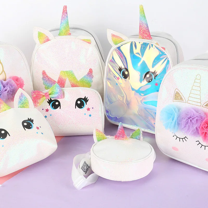 Girl Glitter Holographic Unicorn School Bag with Unicorn Cross body Mini Backpack with Baby Unicorn Sleeping Bag