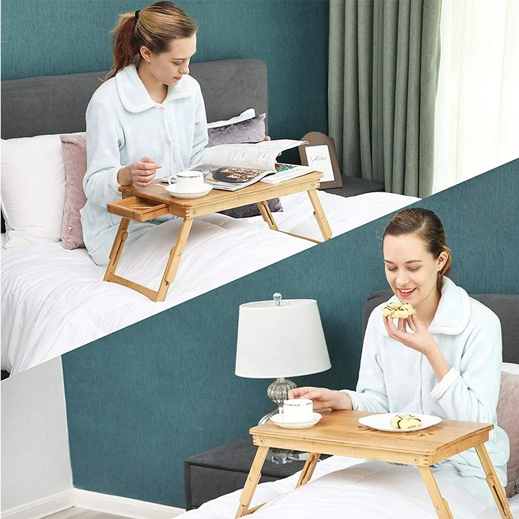 Bamboo Laptop Desk Adjustable Portable Breakfast Serving Bed Tray with Tilting Top Drawer