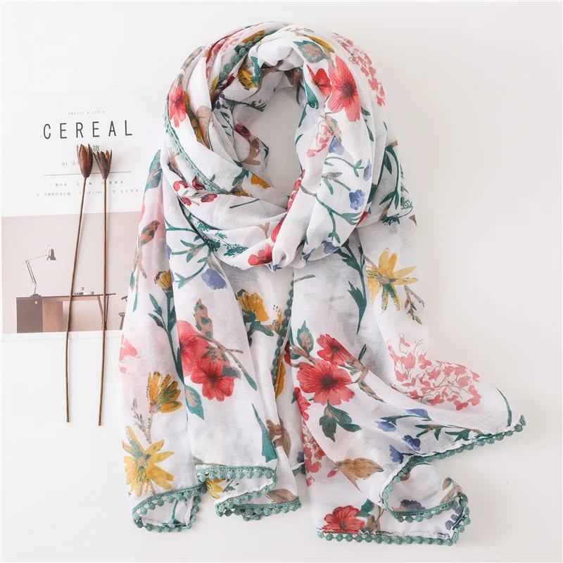 Nice pretty floral flower printed pompom scarf