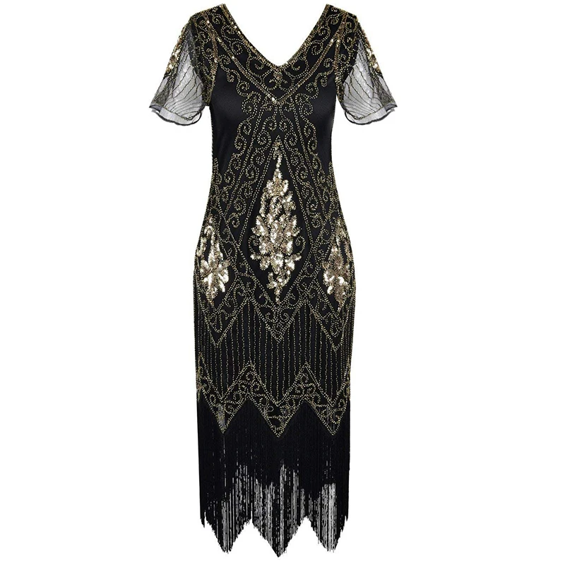 Wholesale short sleeves high quality sequined gatsby women fashion beaded  evening dress