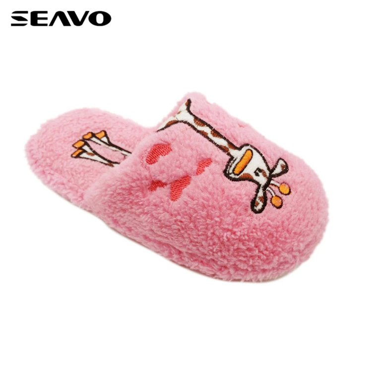 
SEAVO girls cute giraffe embroidery design winter warm plush pink indoor slippers house boots 