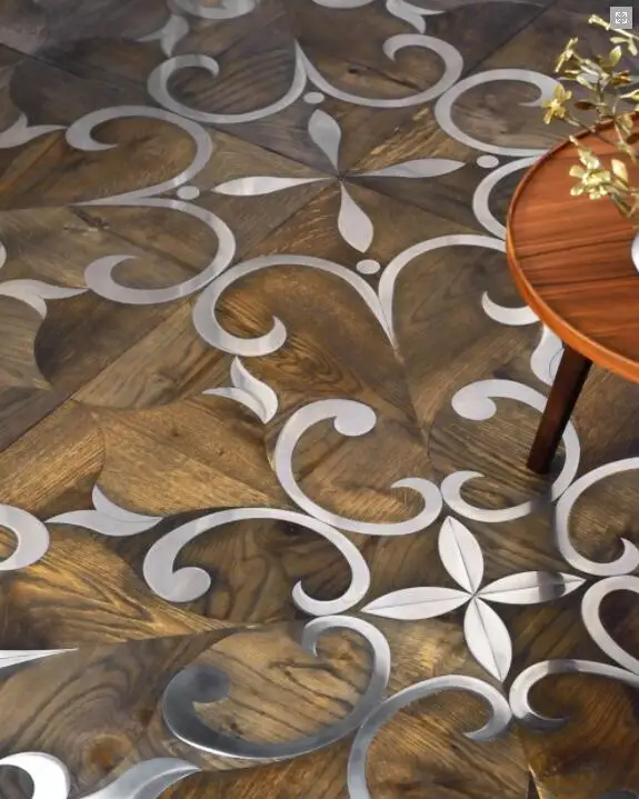 steel inlay oak wood laminate parquet flooring