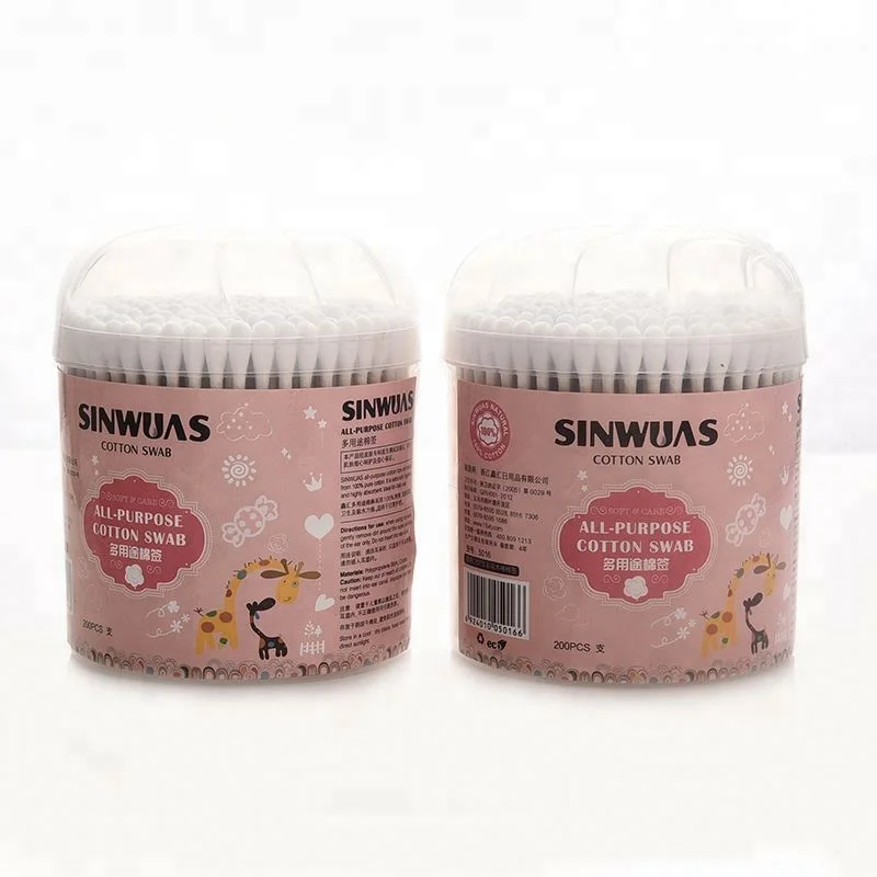 Round box OEM design healthy double pure cotton ear bud with wooden stick