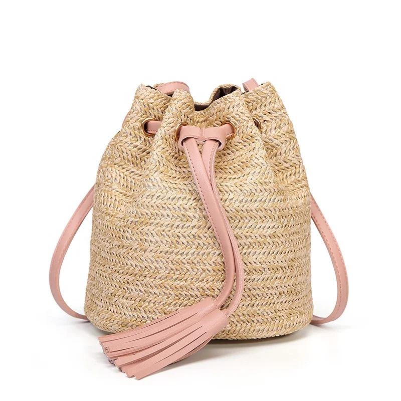 Girls crossbody shoulder bag summer beach bucket bags drawstring straw bag