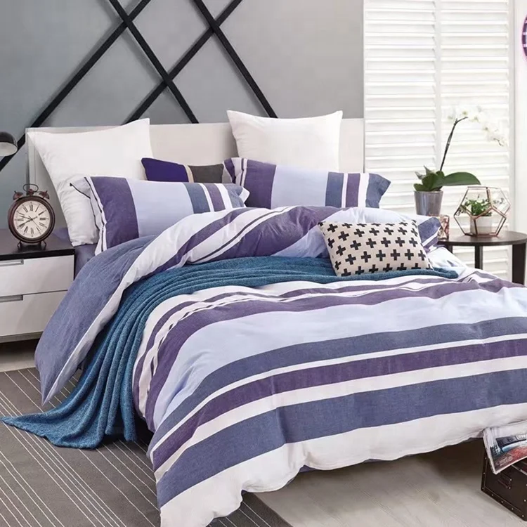 Custom korean stripe hotel bedding four sets 100% Cotton Flat Sheet , Quilt Cover , Bed Linen With Pillow Case