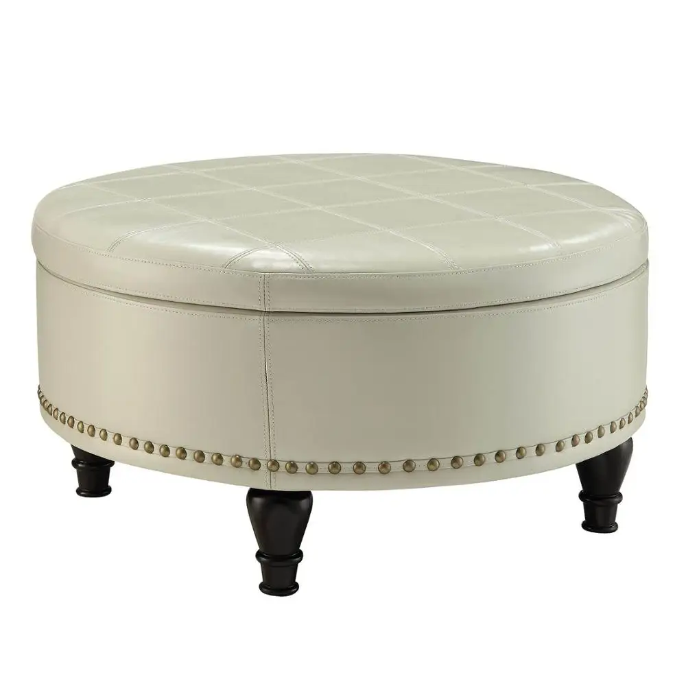 Over -sized Fabric Storage Pouf Cream Round Footstool Ottoman Upholstered Coffee Table