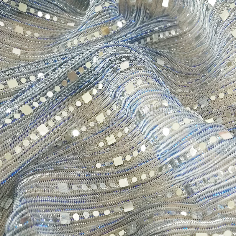 Shiny Blue Silver Metallic Lurex fabric With Line Sequin Spangle for Prom Dress