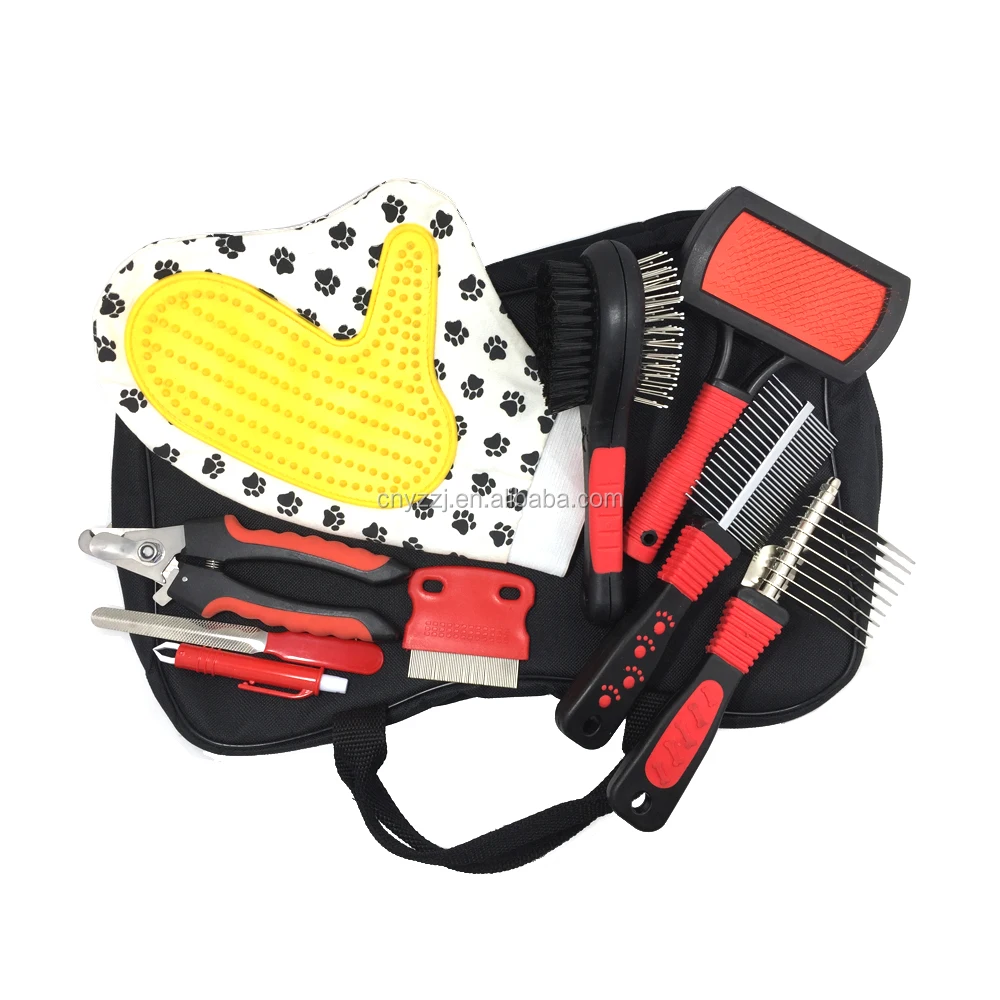 9 Piece Set Pet Grooming Brush Set Deshedding Tools Kit Hair Trimmer -Gloves Brushes Combs for Dogs and Cats