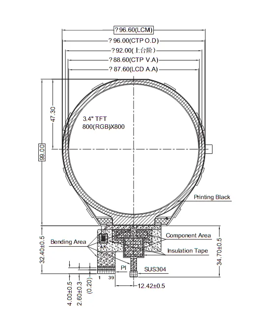 Small 3.4 inch 800*800 mipi dsi interface mini  shape wearable small tft round ips lcd display