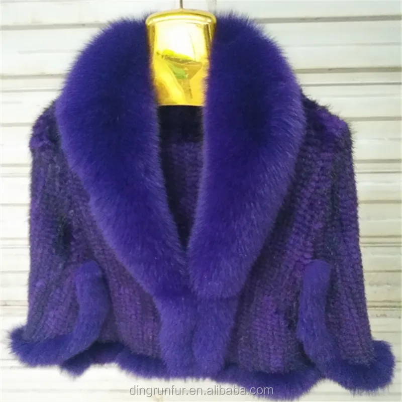 
Women real fur Cape Knitted Mink Fur poncho with fox fur trim 