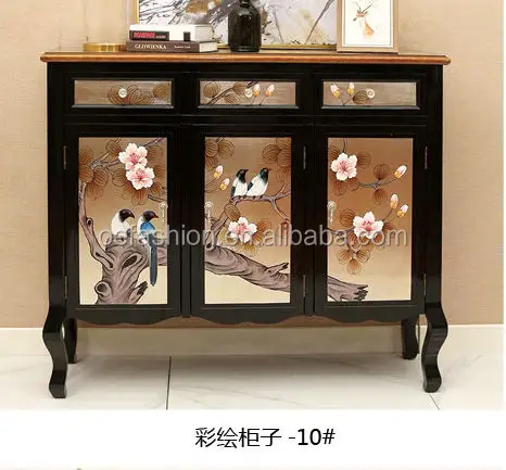 OE-FASHION antique new classic wood frame hand Painted 3 door shoes cabinet with drawer for living room furniture