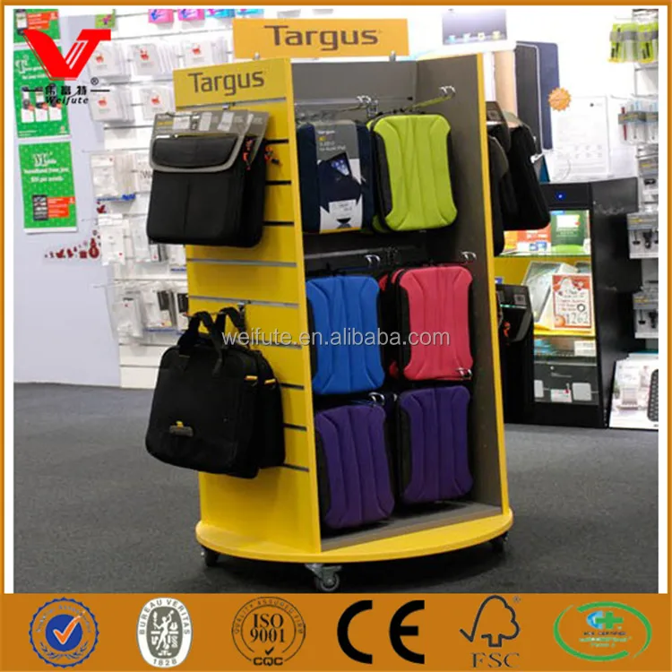 
Fashion retail store computer bags slatwall display shelf/wooden luggage shop display stands 