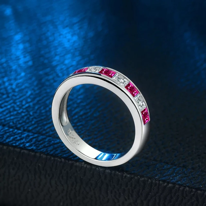 custom design 925 sterling silver red sapphire square stone rings women ladies sapphire channel set  stacking rings