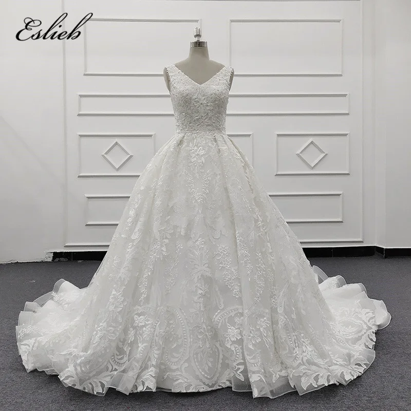 Eslieb 2019 luxury  corset wedding dress lace  floor-length V-neck sleeveless court Train ivory wedding dress bridal
