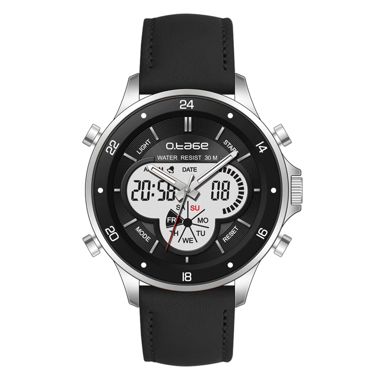 genuine  leather strap alloy wrist watch big face metal analog digital watch