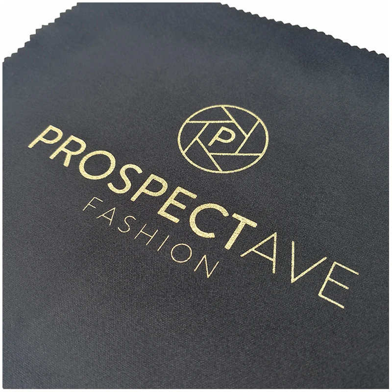 Microfiber black eyeglasses lens cleaning cloth with custom gold stamped logo