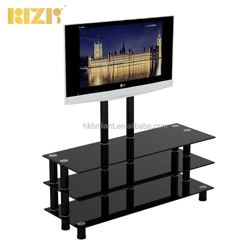 Современная телевизионная стойка из черного закаленного стекла с трехуровневым Стеклянным Столом и настенным креплением для телевизора 32 ~ 60 дюймов LED LCD TV