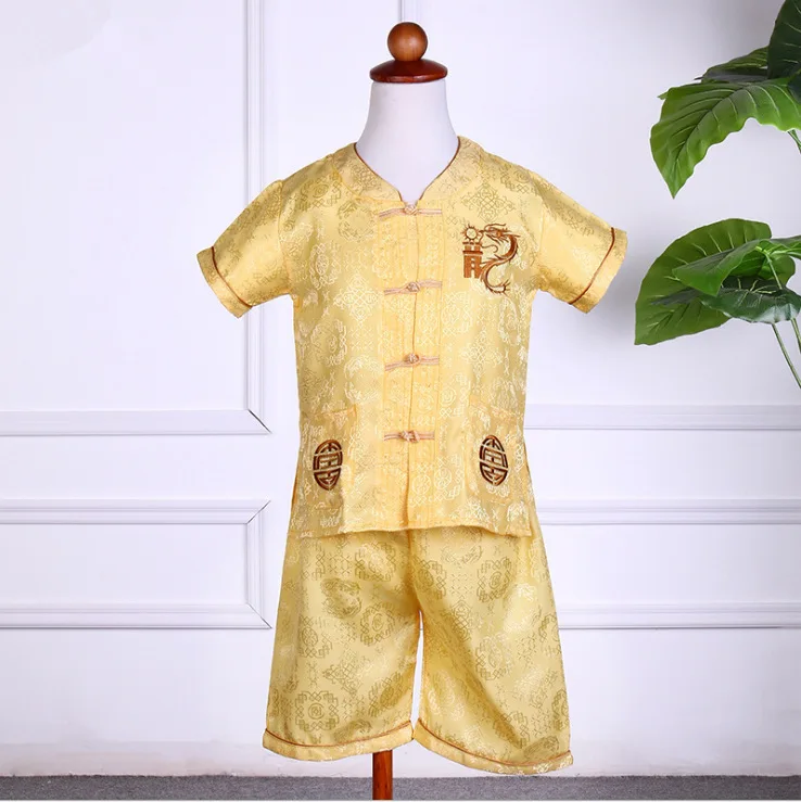 traditional Chinese clothing with kids tang suit boys summer  jacquard dragon kids clothing boys set
