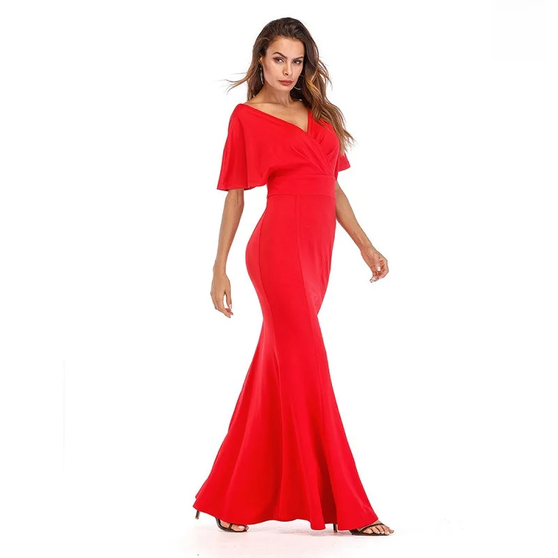 2018 Hot sale solid simple but elegant short sleeve women Maxi long evening dresses