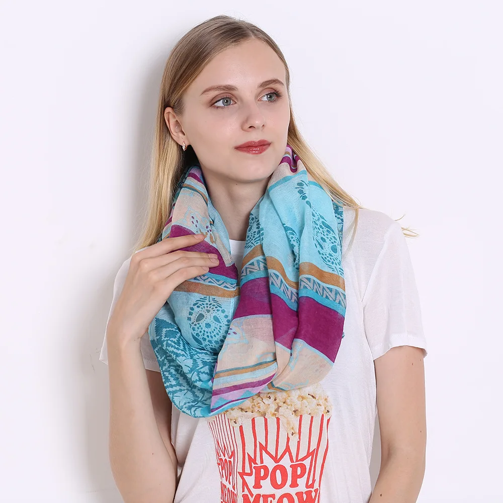 Cenrui Womens Double Hidden Zipper Pocket Infinity Loop Scarf Boho Style Floral Striped Printed Contrast Color Wrap Shawl