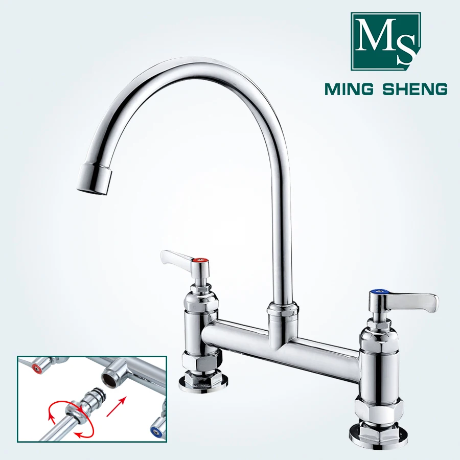 Chrome Deck Mount Dual Lever Handle Gooseneck Kitchen Workboard Sink and Pantry Mixer Faucet Tap with Swing Nozzle