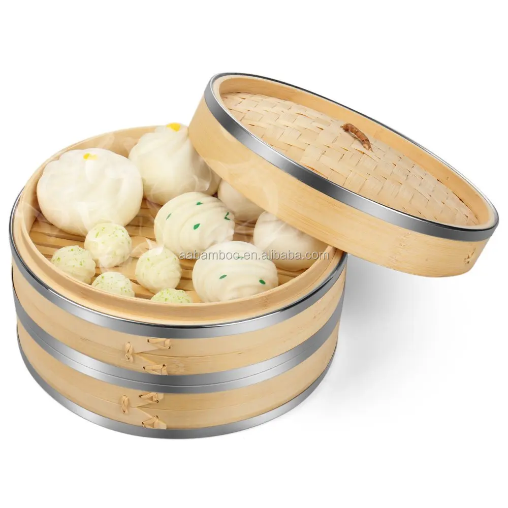 2 tier large bamboo aluminium food steamer with lid