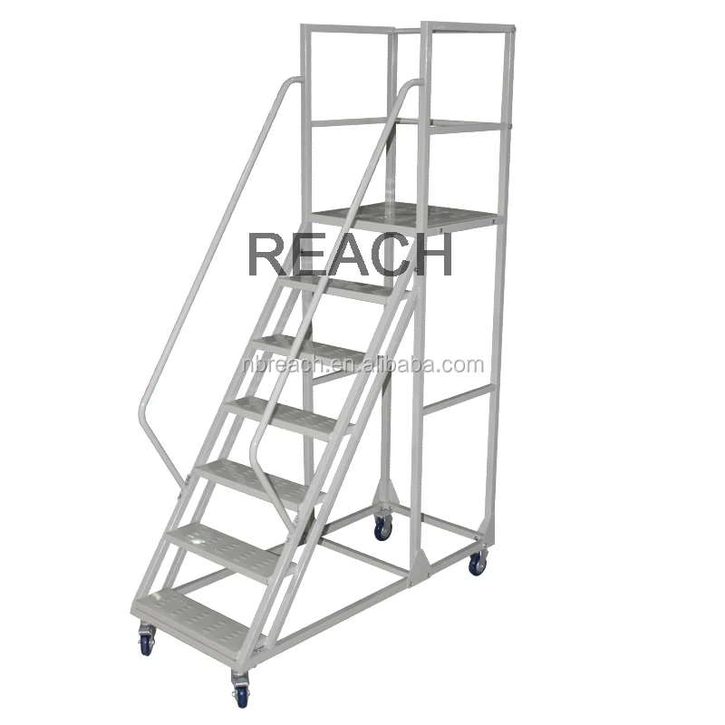 Warehouse Steel Safety Rolling Mobile Platform Ladder with Handrails