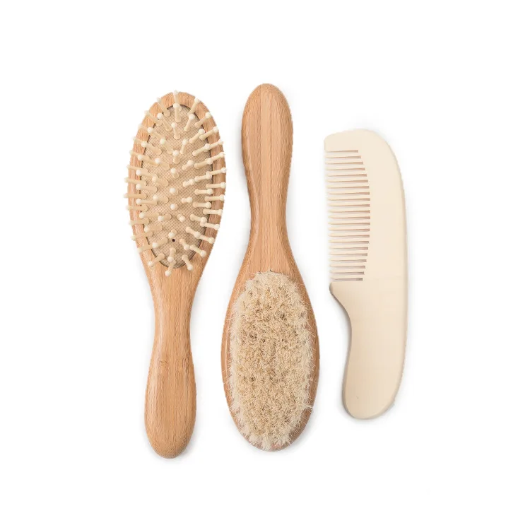 Factory Custom 100% Natural Wood Beech Newborn Baby Hair Soft Fleece Brush Comb Set