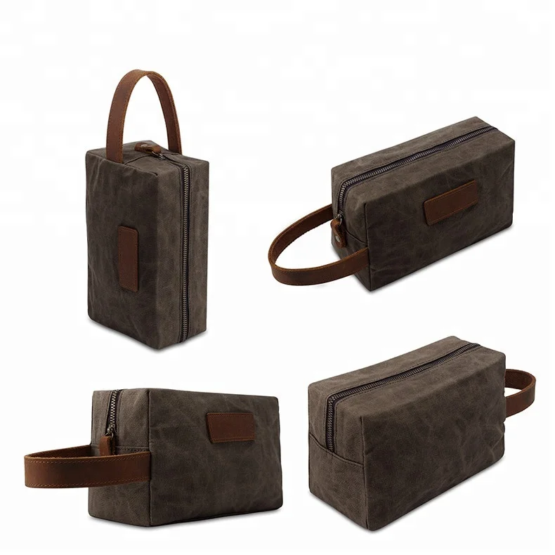Travel waterproof men toiletry leather outdoor waxed canvas cosmetic zipper bags designer