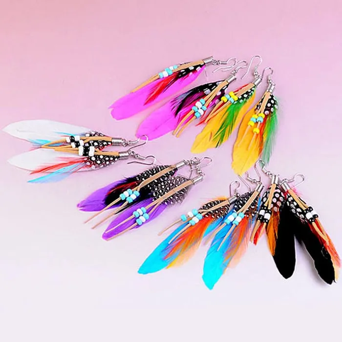 China wholesale long feather wood beads drop earrings for sale