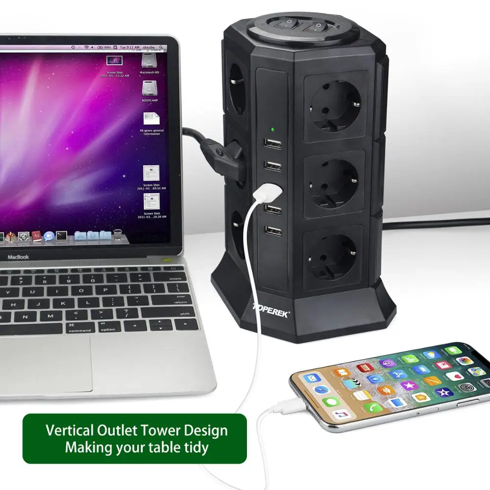 Французский удлинитель белый стабилизатор напряжения 12 розеток + 5 USB 6 футов
