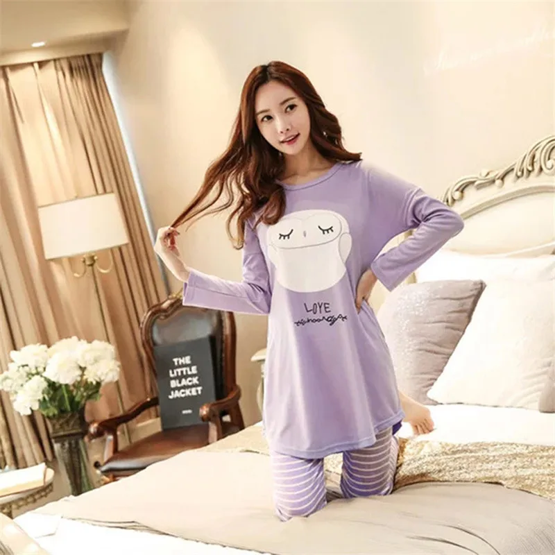 Fashion Summer Polyester Thin Long Sleeve Trousers Wheat Spike Woman Cute Cartoon Pattern Milk Silk Pajamas