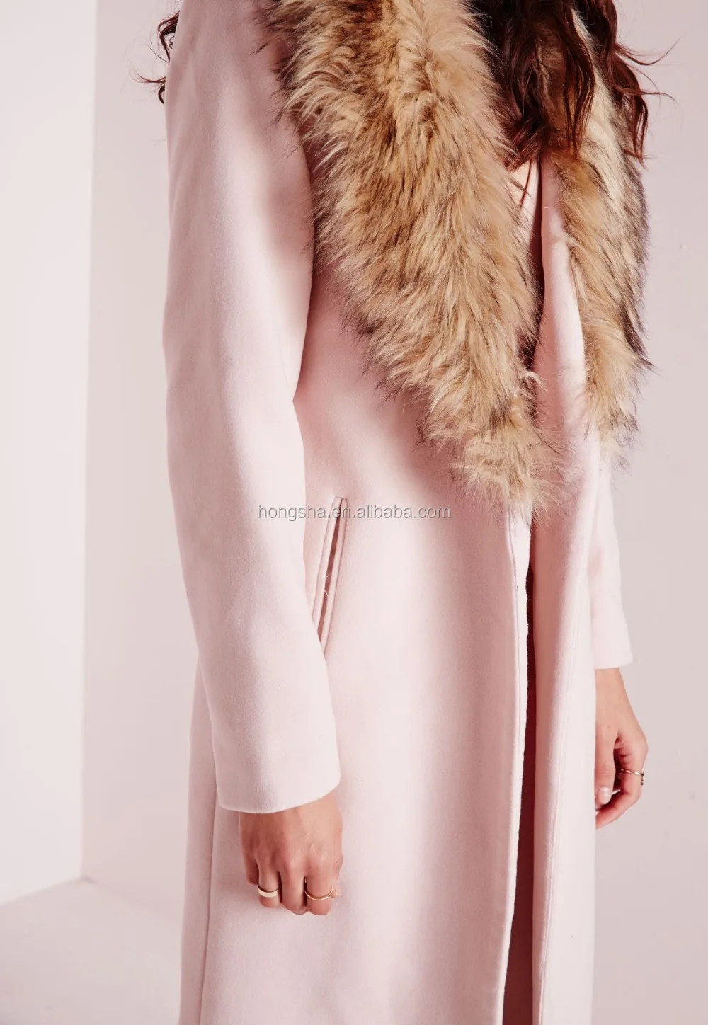Ali  baba wool coat new faux fur collar longline blush pink winter coat HSJ3465