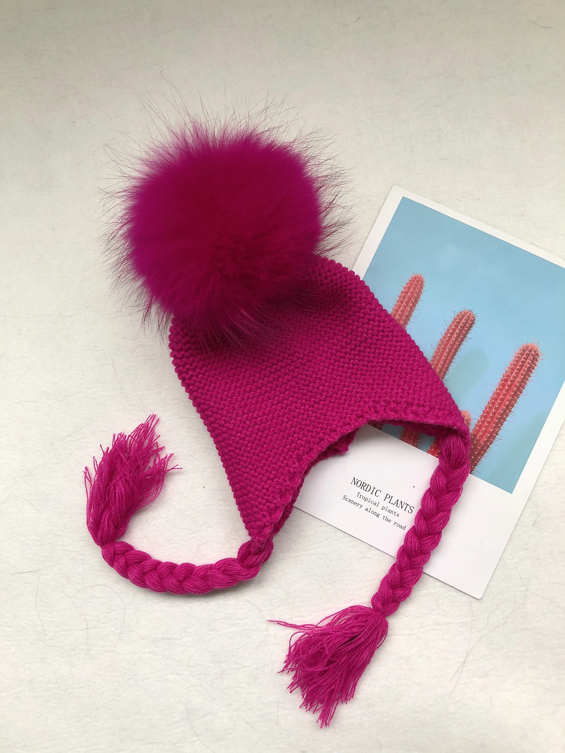 Kids Size Real Raccoon Fur hat Attached Wool Blend Crochet knitted string pom pom beanie for girls