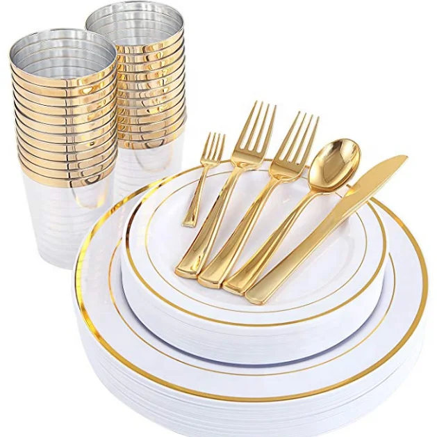 Wholesale Disposable 25Guests Dinner Salad Gold Plastic Plates with Gold tableware