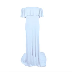 Denim Blue Maternity off Shoulder Long Sleeve Chiffon Gown Split Front Maxi Pregnancy Photography Dress for Photoshoot