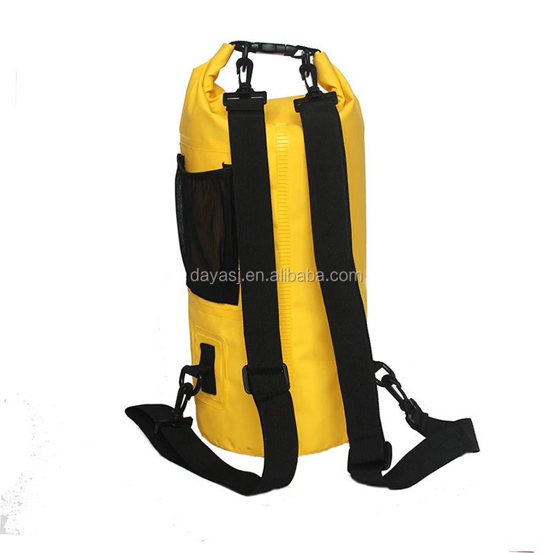 500D PVC tarpaulin waterproof dry bag with double adjustable straps front zipper pocket and side mesh pouch for camping