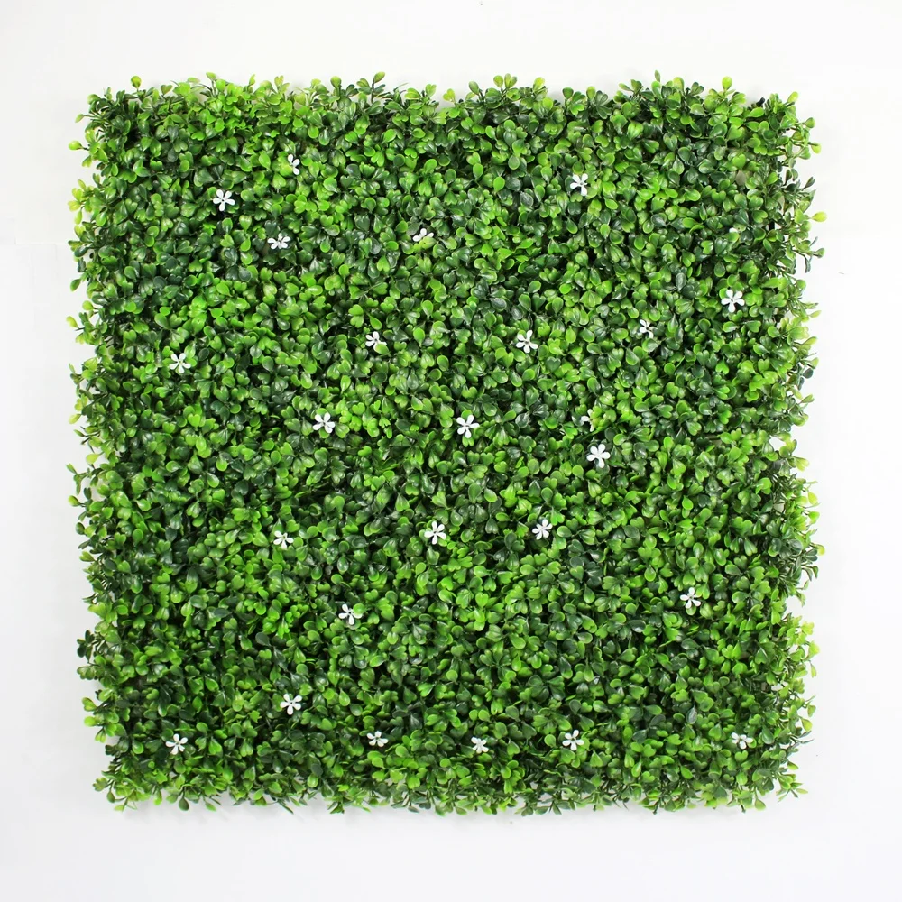 Decorative PE PP artificial boxwood hedge wall green panel with white flower for indoor decoration