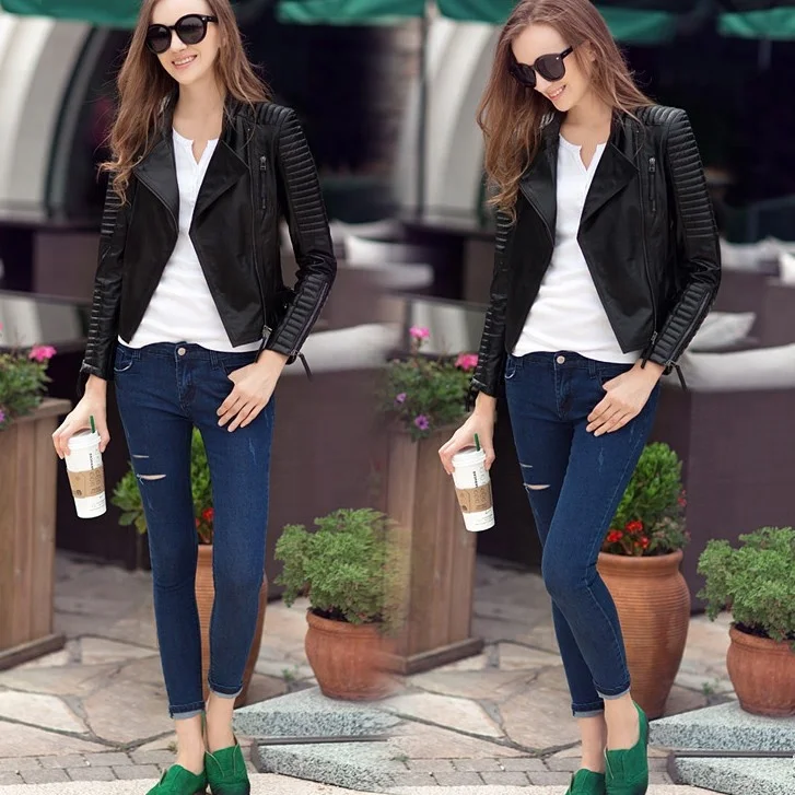 Wholesale Fashion Short Slim Fit Shop Black Synthetic Leather Jacket Women