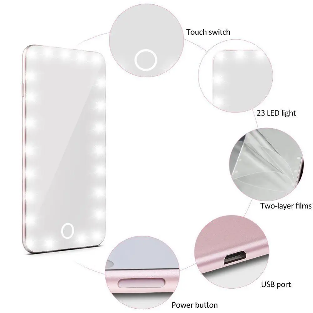 Portable Mini Handle Led Pocket Mirror Makeup Cosmetic Vanity Compact Mirror with Lights