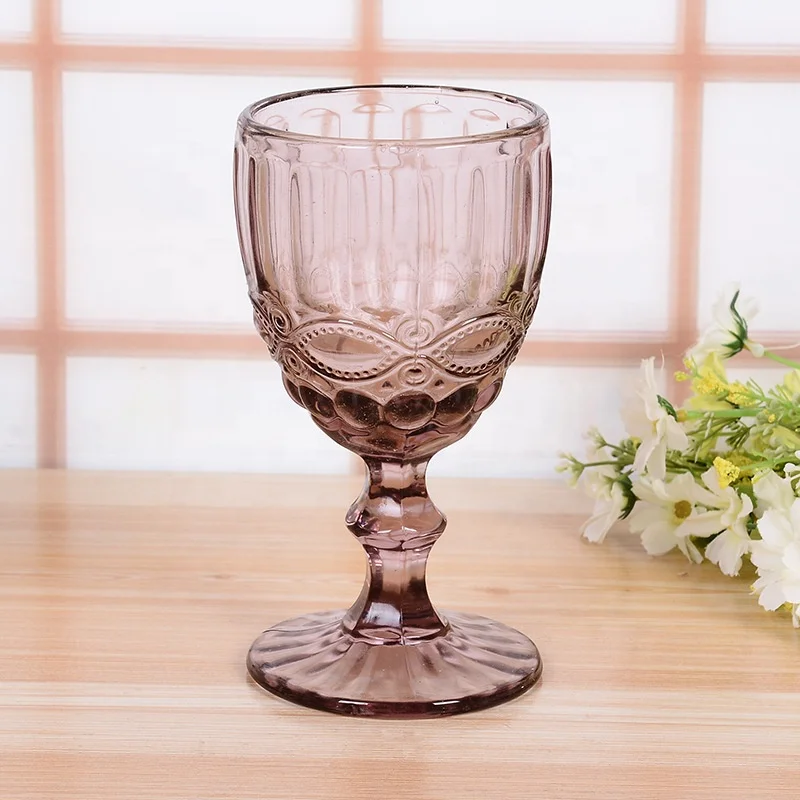 Wholesale Stocked Cheap Embissed Novelty Decorative Colored Water Glass Heavy Base Wine Glass For Wedding and Party