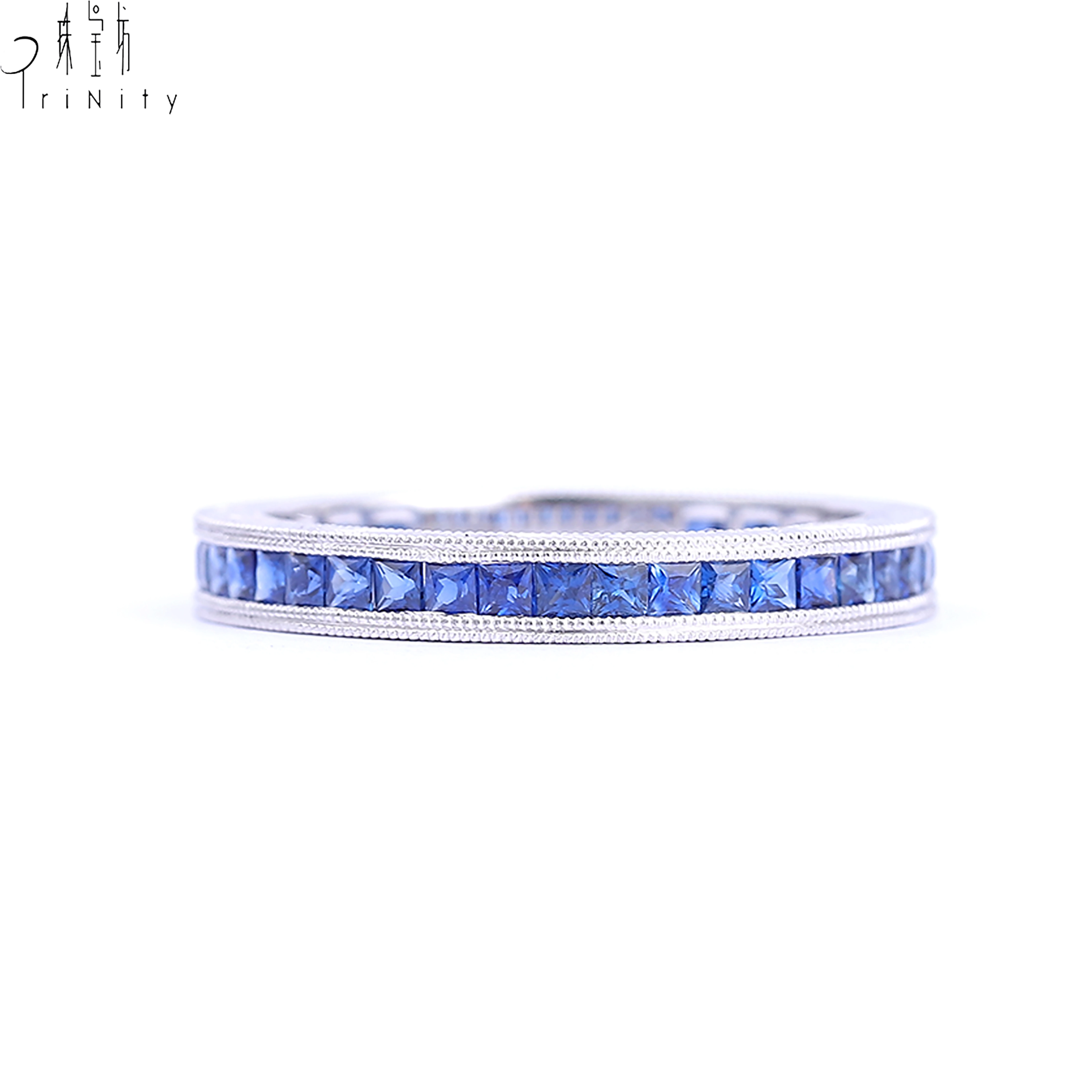 Natural Stone Luxury Jewelry 18K White Gold Eternity Band Ring Princess Cut Sapphire Bague For Ladies