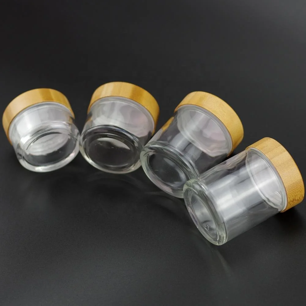 30ml 60ml 100ml 120ml clear glass jar with child resistant real bamboo lid packaging for cosmetic cbd oil