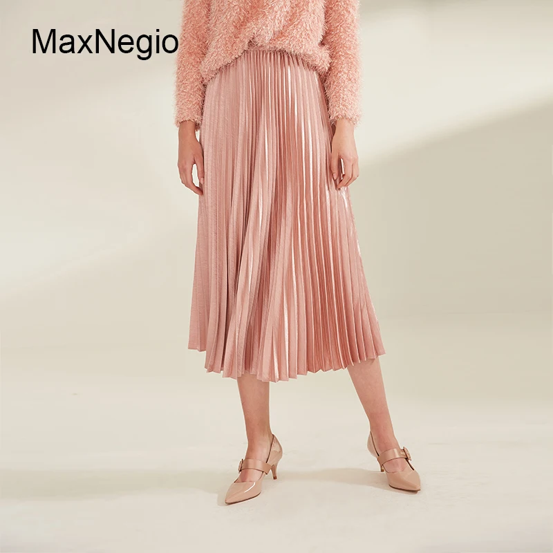 Maxnegio 2018 Women Pink High Waist Pleated Skirts Manufacture