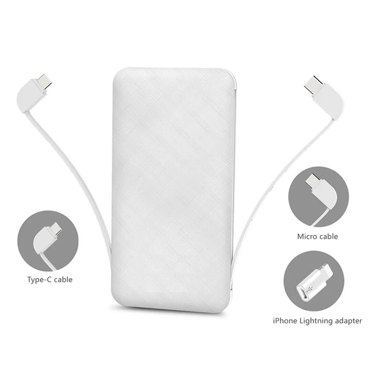 
High quality mobile power bank 10000mah built-in Type-C cable and Micro cable and adapter for iPhone 