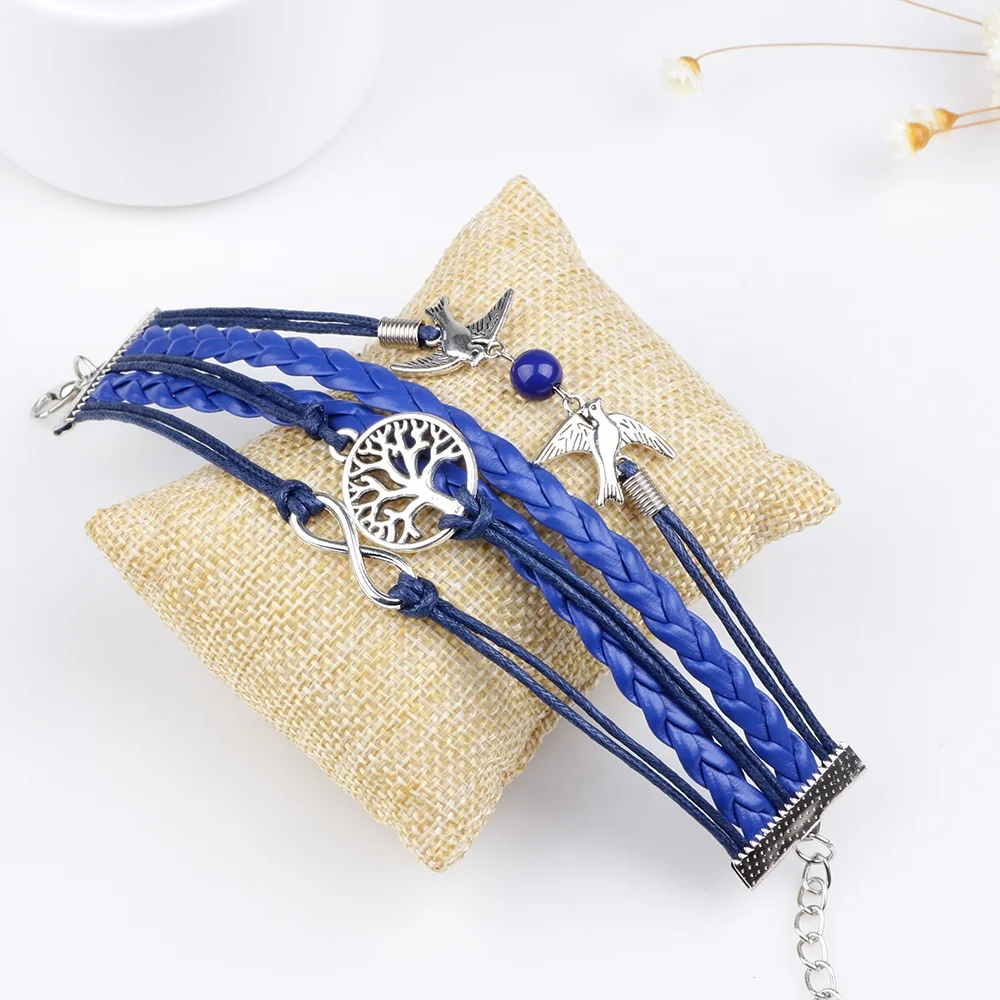Alloy tree of life charm & birds charm multilayer leather braid bracelet womens fashion leather bracelet