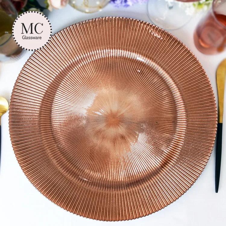 Rose gold rim wholesale clear glass charger plates